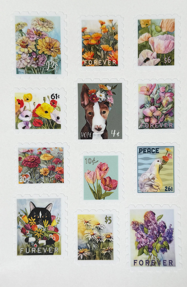 12 Floral Stamp-Style Stickers | Vintage Floral Mail Stickers | 4x6 Sticker Sheet Set
