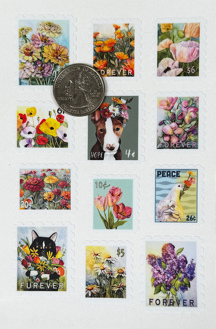 12 Floral Stamp-Style Stickers | Vintage Floral Mail Stickers | 4x6 Sticker Sheet Set